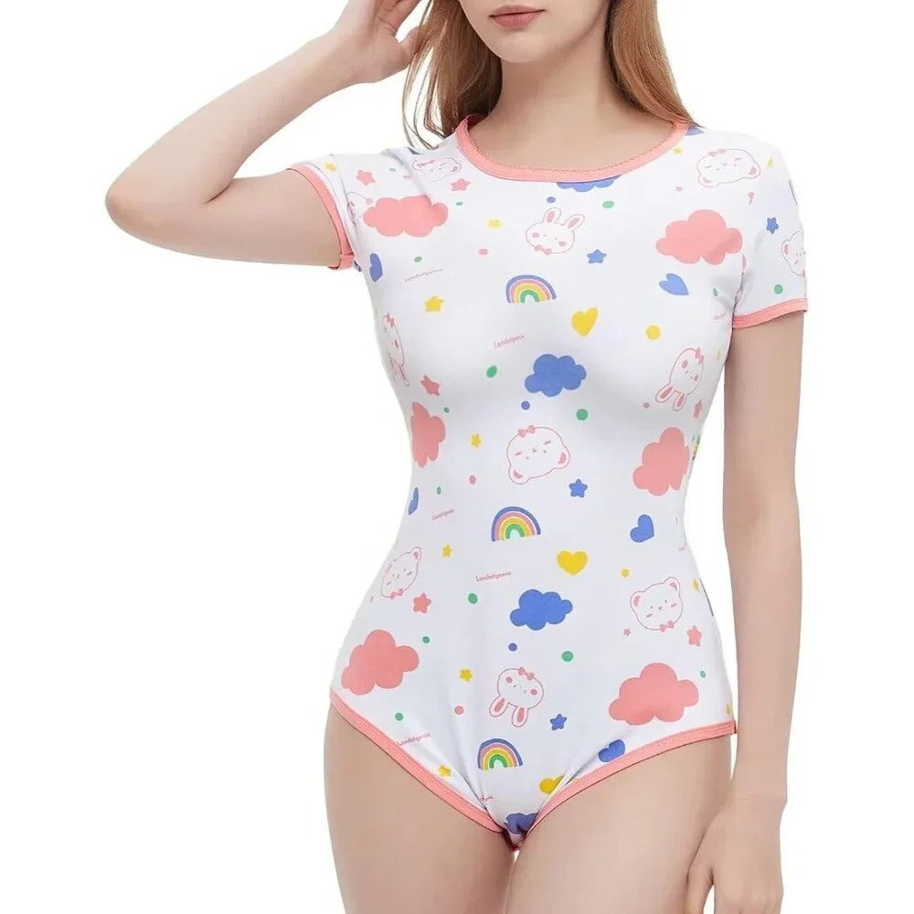 Womens Bodysuit Cotton Bodysuit Cute Print Onesie Pajamas Sleepwear Tops - Picture 2 of 7